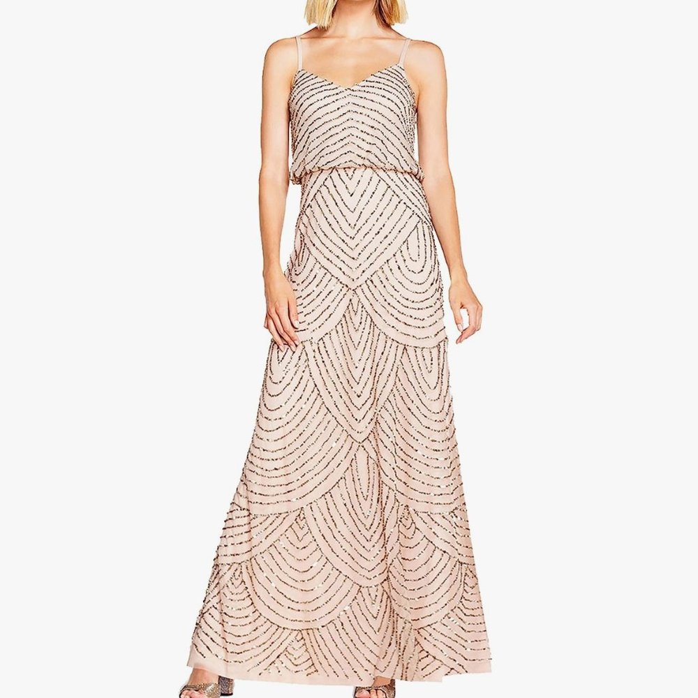 Adrianna Papell Maxi Scalloped Beaded Dress